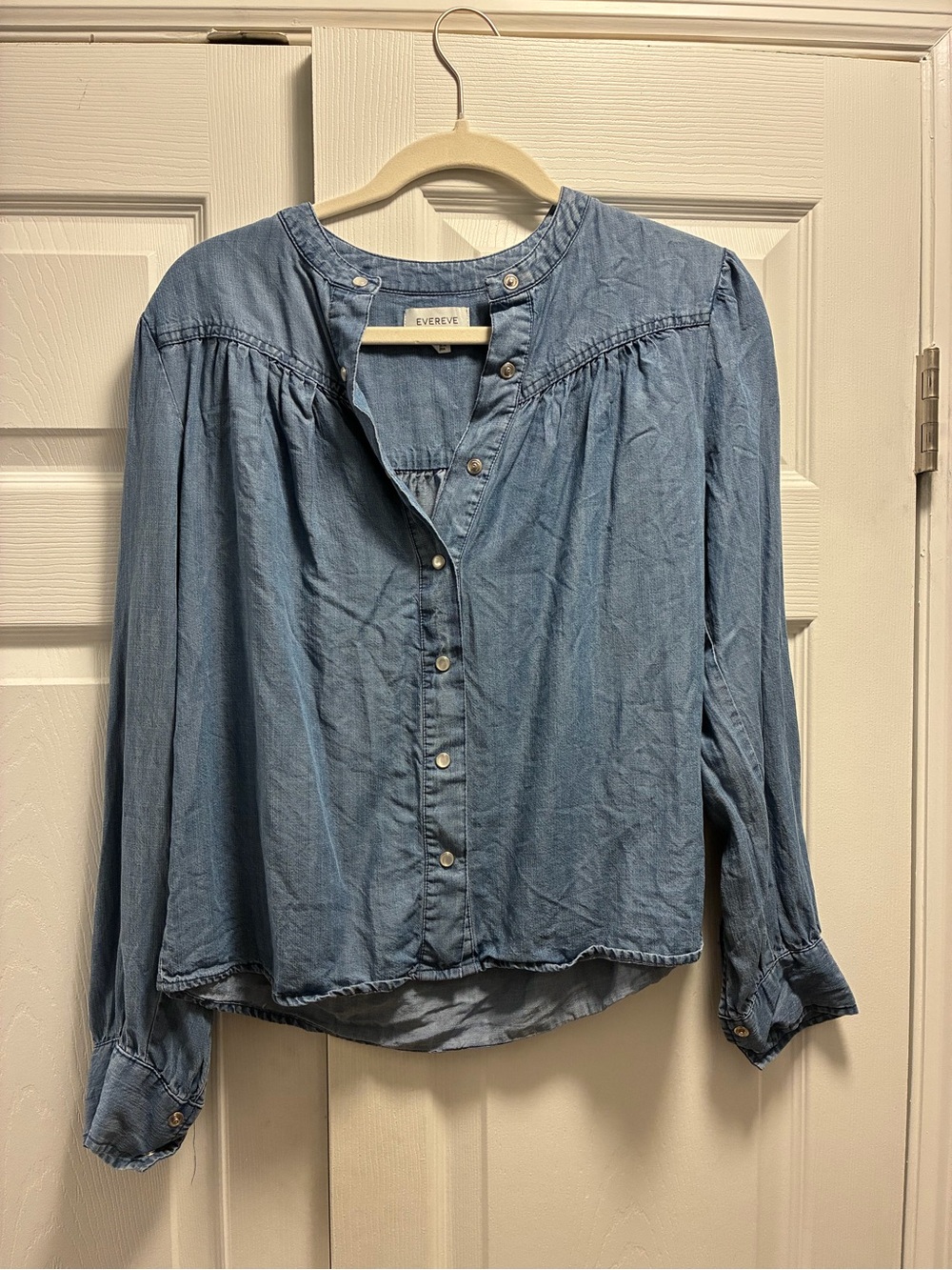 Evereve Light Blue Pearl-Button Denim Blouse